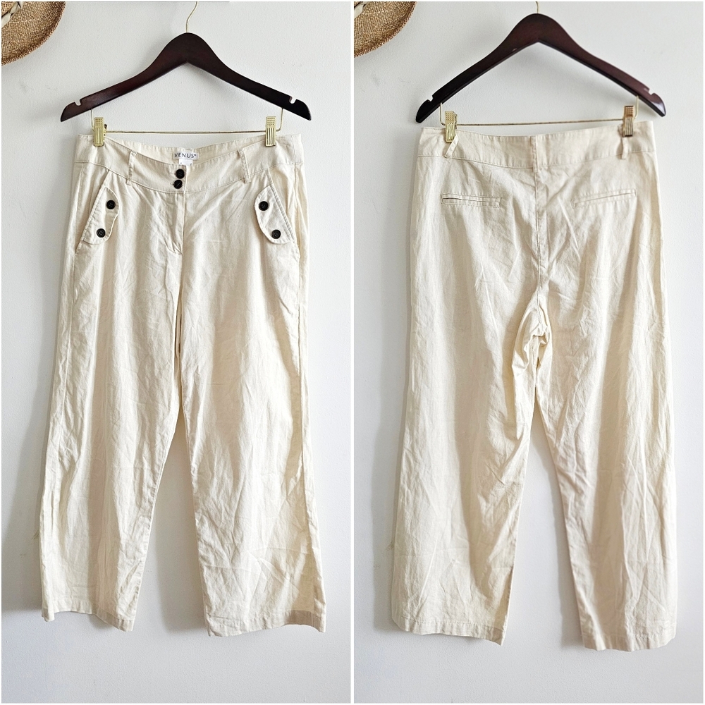 Vintage VENUS Linen Cotton Cream Wide-Leg High Rise Nautical Pant Women Size 6